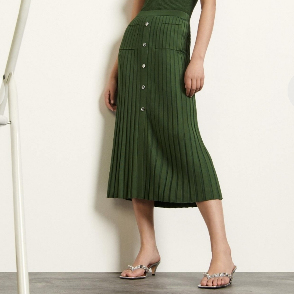 Sandro Paris Women's Green Meva Button-embellished Ribbed-knit Skirt
